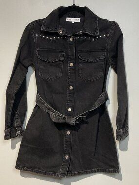 Zara Girls Black Jean Studded button down Dress Size 11-12 western cowboy collar